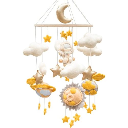 Glaciart One Space Nursery Mobile - Neutral Decor for Crib, Baby Rooms - Handmade, Child-Safe Wood, Felt Wool, Cotton & Leatherette- Solar System Decoration for Girls & Boys - 50Inch Hanging String
