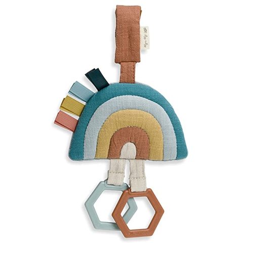 Itzy Ritzy Jingle Travel Toy for Stroller, Car Seat or Activity Gym - Baby Hanging Toy Features Jingle Sound, Clinking Rings & Adjustable Attachment Loop (Rainbow)