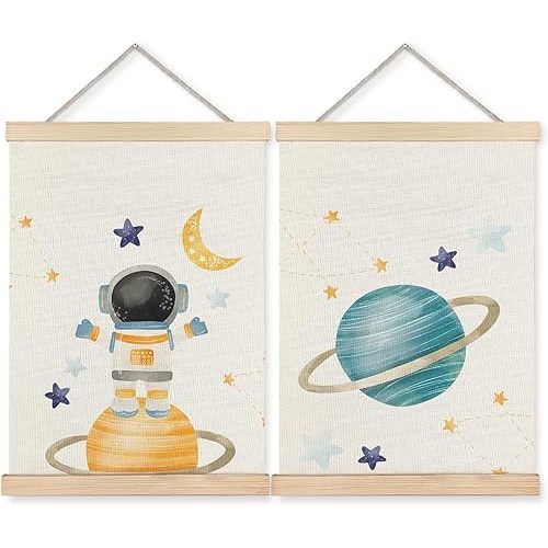 BearCake Space Nursery Decor, Solar System Plants Spaceman Wall Art Poster Hanger Frame, Space Canvas Prints Framed Wall Decor for Classroom Toddler Boys Room Nursery Playroom, 12x16 Inch Set of 2