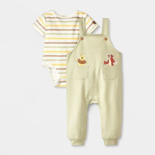 Baby Boys' 2pc Disney Winnie The Pooh Pocket Overalls & Striped Bodysuit Set - Green Newborn
