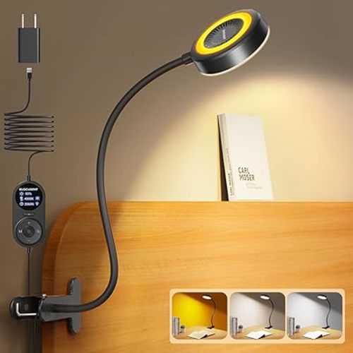Glocusent Clip on Light, 72-LED Clip on Lamp with Amber Night Light, 3 Colors & 5 Brightness Bed Lamp, 30-Min Auto Off Timer, Perfect Eye Carging Reading Lamps for Bed/Bunk Bed
