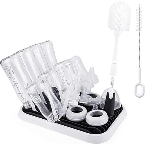 Baby Bottle Drying Rack with Brush, Large Capacity Bottle Drying Rack Tray Bottle Cleaning Brush Set with Baby Bottle Brush Nipple Brush, Straw and Bottle Cleaner Brush Set for Bottles, Teats, Pump