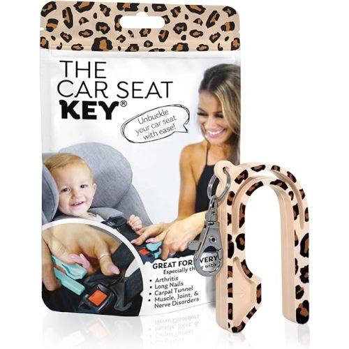 The Car Seat Key - Original Car Seat Key Chain Buckle Release Tool - Easy Unbuckle Opener Aid for Nails, Parents, Grandparents & Older Children by NAMRA Made in USA (1 Pack, Leopard)
