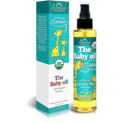 US Organic Baby Oil with Calendula, Jojoba, and Olive Oil with Vitamin E, USDA Certified Organic, No Alcohol, Paraben, Artificial Detergents, Color, Synthetic Perfumes, 5 fl. Oz (Pure Unscented)
