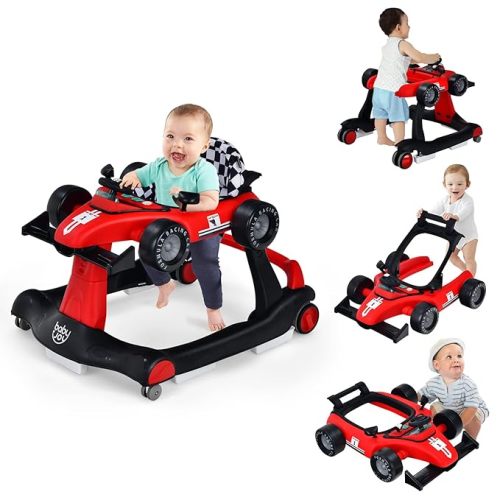 BABY JOY 4-in-1 Baby Walker, Foldable Activity Walker with Adjustable Height & Speed, Music, Lights, Anti-Rollover, Toddler Push Walker, Baby Walker with Wheels for Boys Girls 6-18 Months (Red)
