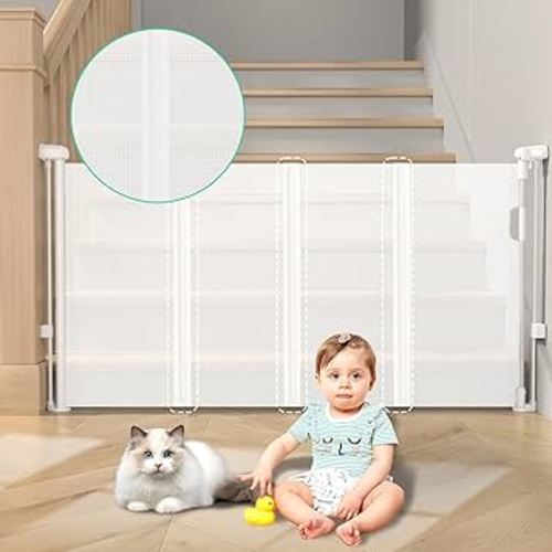 Retractable Baby Gates with Reinforced Strips, 33”*55” One-Side Operation Mesh Baby/Dog/Pet/Cat Gate, Child Safety Retracable Gate with 2 Avoid Skirting Board for Doorways Indoor/Outdoor,White