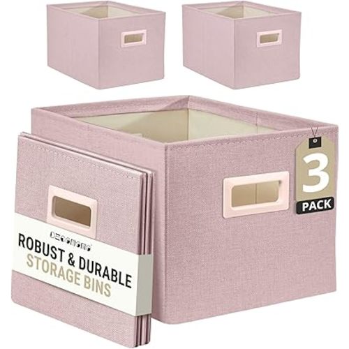 DECOMOMO Storage Bins for Shelves Robust Fabric Closet Bins for Shelves Toy Storage Clothes Books (Pack of 3 – Pink)