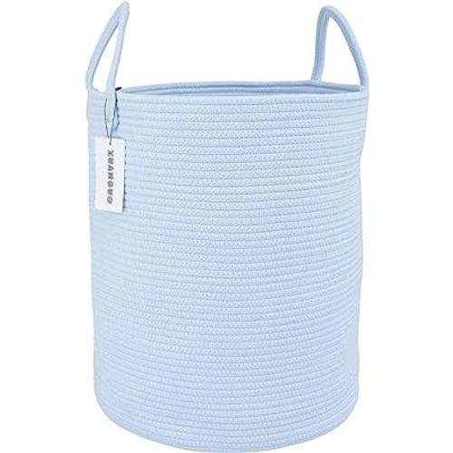 Cotton Rope Laundry Basket Hamper for Clothes Woven Storage Basket for Living Room Bedroom Boho Tall Rope Baskets for Blanket Toys Pillow Towels Baby Nursery Hamper Bin light blue