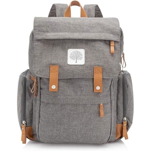 Parker Baby Diaper Backpack - Large Diaper Bag with Insulated Pockets, Stroller Straps and Changing Pad -"Birch Bag" - Gray