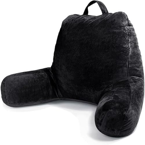 Sasttie Reading Pillow, Velvet Back Pillow for Bed Sitting Up, Adult Back-Rest Support Cushion with Arms for Sit Up on Couch, Sofa, and Floor, Dorm Essentials, Reading Accessories, Black