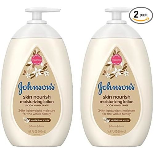 Johnson's Baby Skin Nourish Moisturizing Baby Lotion for Dry Skin with Vanilla & Oat Scents, Gentle & Lightweight Body Lotion for The Whole Family, Hypoallergenic, Dye-Free, 16.9 fl. oz (Pack of 2)