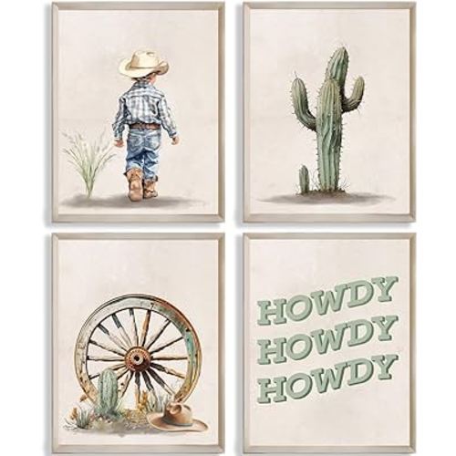 Western Howdy Cowboy Hats Cactus Desert Boho Beige Wall Art Prints for Cowboy Nursery Decor and Baby Boy Room Decor and Kids Room Decorations and Boys Room Decor,Set of 4(8"x10"inch,Unframed).