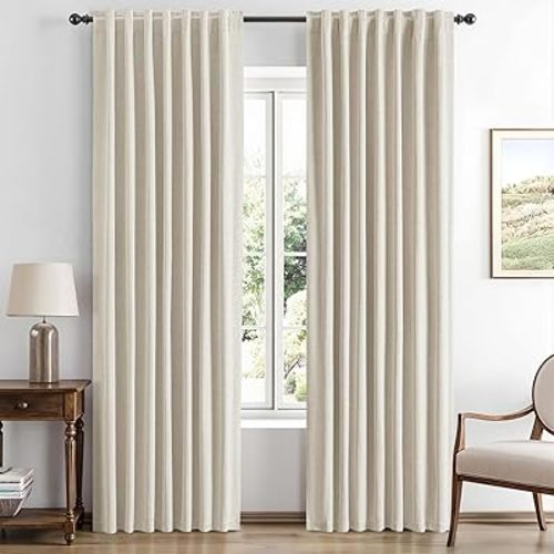 MIULEE 100% Blackout Linen Curtains for Bedroom, Linen Beige Solid Luxury Decor Thermal Insulation Room Darkening Drapes for Living Room Nursery Back Tab Rod Pocket 42 x 84 Inches, 2 Panels