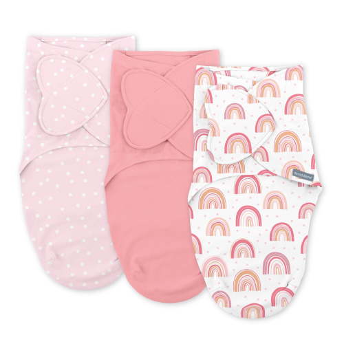 SwaddleMe by Ingenuity Monogram Collection Baby Swaddle, 100% Cotton, 0-3 Months, Pocket Fold Design for Easy Changes, 1.0 TOG, 3-Pack - Rainbow