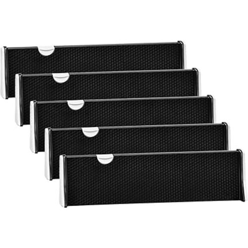 JONYJ Drawer Dividers Organizer 5 Pack, Adjustable Separators 4" High Expandable from 14.9-21" for Bedroom, Bathroom, Closet,Clothing, Office, Kitchen Storage, Strong Secure Hold, Foam Ends(Black)