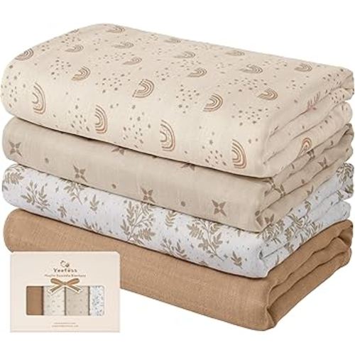 Yoofoss Muslin Swaddle Blankets, 4-Pack Receiving Blankets for Boys and Girls, 47 x 47 Inches Muslin Baby Blankets Neutral Wrap Soft Breathable, Baby Essentials