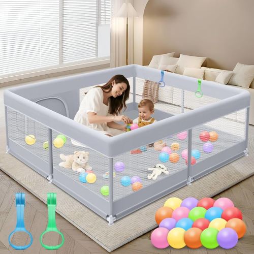 Baby Playpen 50 x 50 Inch Play Pen Playards, Playpen for Babies and Toddlers, Baby Playard for Indoor & Outdoor Active Center Game Fence, with Skin-Friendly Fabric and Soft Breathable Mesh Grey