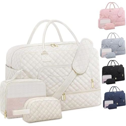 Travel Duffle Bag, Weekender Bags for Women with Shoe Compartment & Wet Toiletry Pocket , Carry on Overnight Hospital Bag for Woman Labor Delivery, Gym, Trip, Ideal Christmas Gift for Women Beige