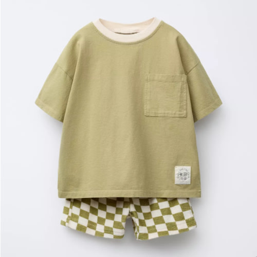 CHECKERBOARD T-SHIRT AND BERMUDA JOGGING SET - Ecru / Khaki | ZARA United States