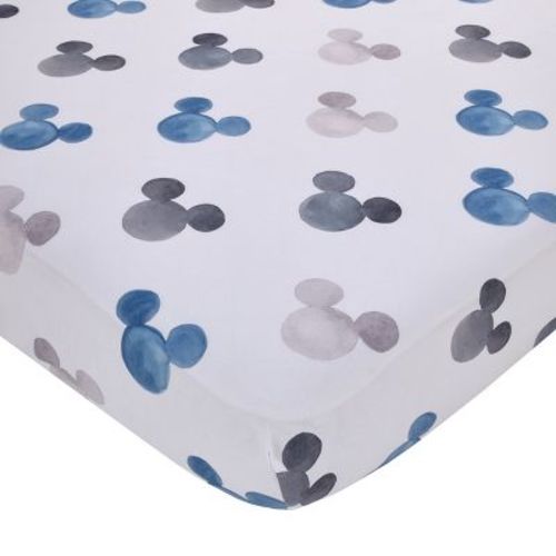 Nojo Disney Mickey Mouse - Black, White And Blue Watercolor Mickey Ears Nursery Fitted Crib Sheet