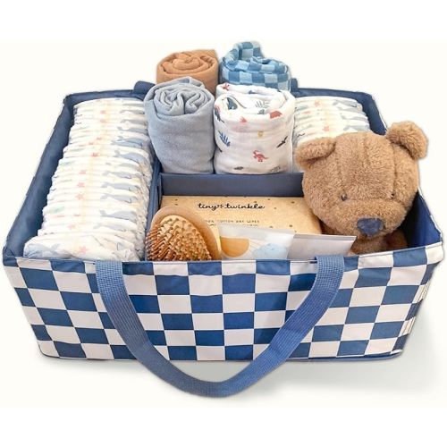 Tiny Twinkle Diaper Caddy Organizer | Foldable Baby Storage Basket with Removable Divider | Waterproof & Mess-Proof Fabric, Portable Nursery Organizer for Newborn Essentials (Blue Checkers)
