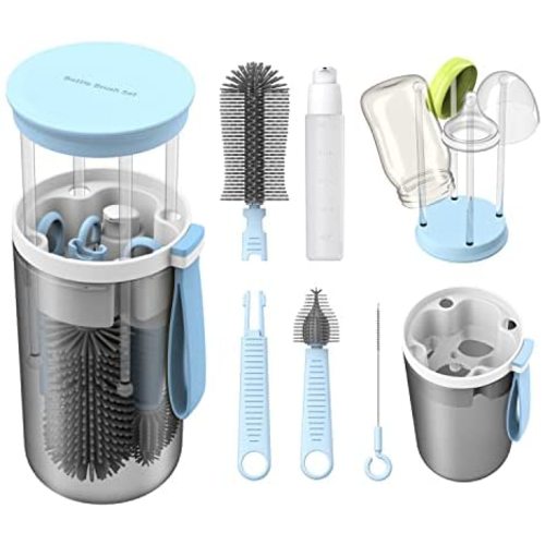 TechoEcho Travel Baby Bottle Brush Set with Extendable Liquid Silicone Bottle Brush,Nipple Brush,Built-in Bottle Drying Rack,Straw Cleaner Brush,Baby Bottle Soap Dispenser,Bottle Warmer (Blue)