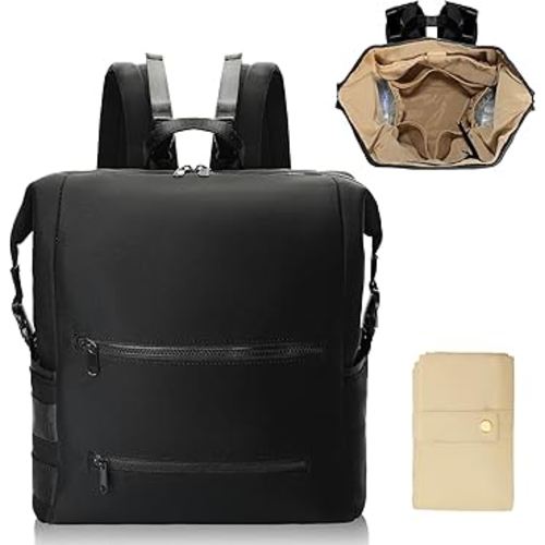 Diaper Bag Backpack,Large Neoprene Baby Bag for Boys Girls with 15 Diaper Bag Organizer,2 Insulated Pockets,Changing Pad,Stroller Straps,Black