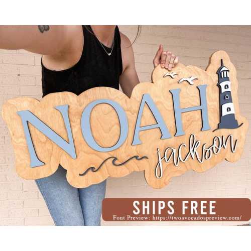 Nautical name sign, large wood name sign, nursery name sign, lighthouse nursery, above crib cut out, layered baby name sign, cut out sign