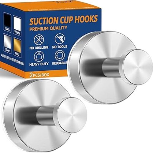 Suction Cup Hooks - 12LB Heavy Duty Stainless Steel No-Drill Hooks for Shower Wall, Bathroom, Kitchen, Glass Door, Tile, Mirror (Silver, 2 Pack)