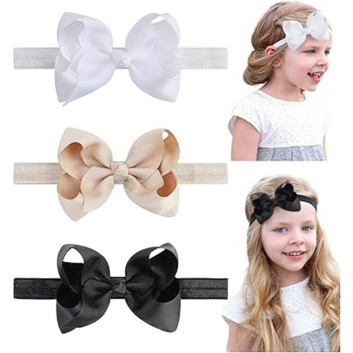 jollybows 3 PCS HAIRBAND 4' Baby Girls Headbands Boutique Grosgrain Ribbon Hair Bows for Infants, Toddlers, Kids - Black White Khaki