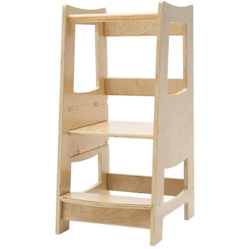 Toddler Kitchen Step Stool with Safety Rail Kids Wooden Standing Tower for Kitchen Counter and Bathroom Sink, 3 Heights Adjustable Step Up Stool Mothers' Helper, Solid Wood Construction, Natural