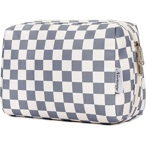 Narwey Checkered Makeup Bag Travel Cosmetic Bag Organizer Toiletry Bag Make Up Bags with Compartments for Women Girls (Large, Grayish Blue Checkerboard)