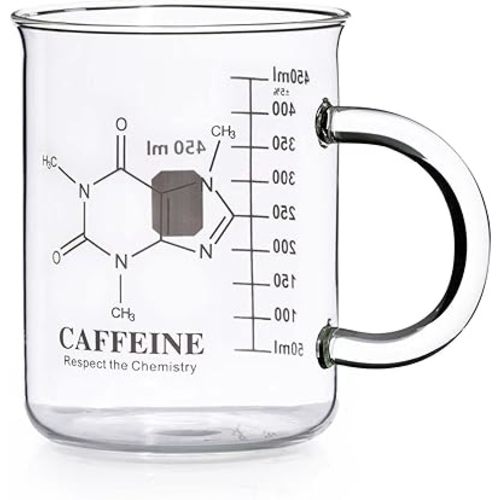 Caffeine Beaker Mug, Caffeine Molecule Mug - Chemistry Mug 16 oz Borosilicate Glass Coffee Mugs with Handle and Measuring for Coffee, Latte, Tea or Hot and Cold Beverage - Tea Coffee Mug