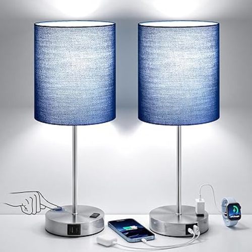 Blue Touch Lamps for Nightstand Set of 2 - Bedside Table Lamp for Bedroom with Dual USB Ports & AC Outlet, 3-Way Dimmable Lamps for Living Room Boys Room, Night Light with 5000K Daylight Bulbs