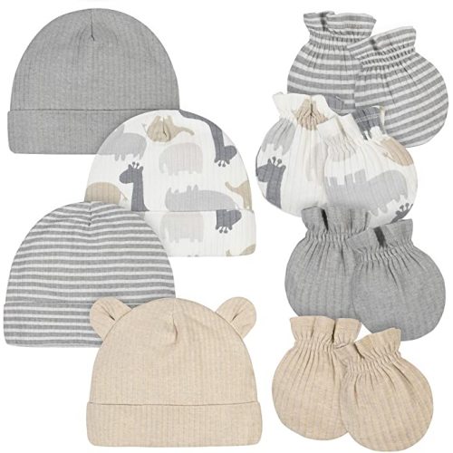 Gerber Baby Boys' 8-Piece Organic Cap and Mitten Set - 0-6 Months - Jungle Grey White