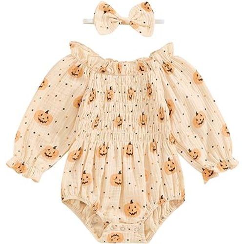 Newborn Baby Girl Halloween Outfit Ruffles Pumpkin Patch Long Sleeve Romper Infant Girl Clothes