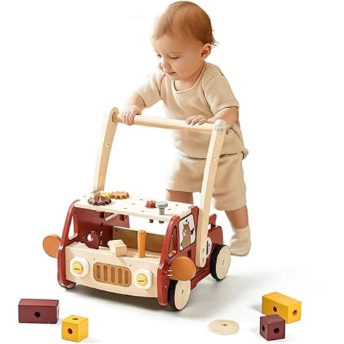 IEATFO Wooden Baby Walker Adjustable Height & Speed with Tool Bench and Toy Storage Wagon - Multifunctional Toddler Push Walker Ergonomically Designed for Natural Walking - 3+ Years of Continuous Use