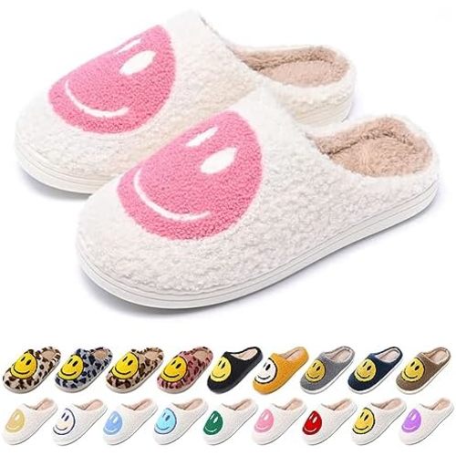Women's Men's Retro Preppy Happy Face Slippers Comfy Warm Plush Slip-On House Slipper for Winter Indoor Soft Cushion Non-slip Fluffy Slides Slippers
