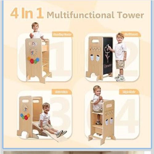 Toddler Tower 4-in-1 Multifunctional Kitchen Stool Helper with Removable Safety Board, Adjustable Heights, Slide, Highchair, Chalkboard, Montessori Games