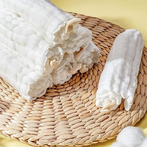 Baby Muslin Washcloths- Natural Organic Cotton Baby Wipes - Soft Newborn Baby Face Towel for Sensitive Skin- Baby Registry as Shower Gift, 10 Pack 10x10 inches By MUKIN (White)