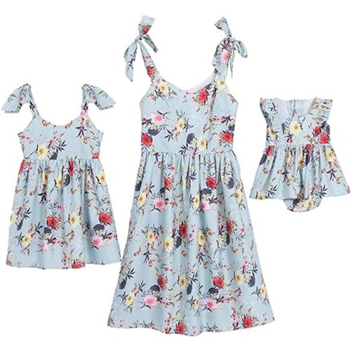 PopReal Mommy and Me Floral Printed Dresses Shoulder Straps Bowknot Chiffon Sleeveless Matching Outfits
