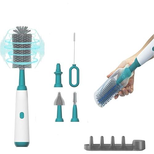 Electric Baby Bottle Brush Cleaner with Extended Handle & Drying Holder, Baby Bottle Brush Set with Silicone Bottle/Nipple/Crevice/Brush,Straw Cleaner,Lifesaver Automatic Bottle Cleaner,Green