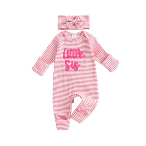 Rarjuiey Baby Girl Outfits Newborn Little Sister Long Sleeve Letter Romper Ribbed Knit Jumpsuit Baby Girl Coming Home Clothes