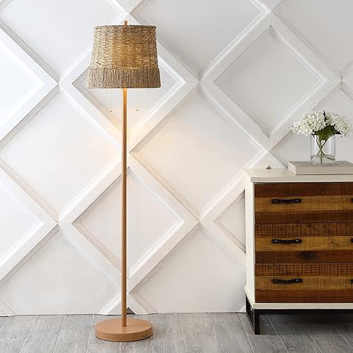 JONATHAN Y JYL3091A Ocata 61" 2-Light Coastal Bohemian Iron/Rattan LED Floor Lamp with Pull-Chain Farmhouse, Rustic Standing Reading Lamp LED Bulb Included, Brown Wood Finish