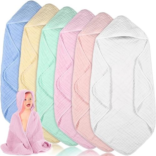 6 Pcs Muslin Hooded Baby Towels, 32"x 32" Cotton Newborn Bath Towel Muslin Infant Baby Blankets Absorbent Unisex Newborn Registry Gift Essentials for Girls Boys (Light Color Series)