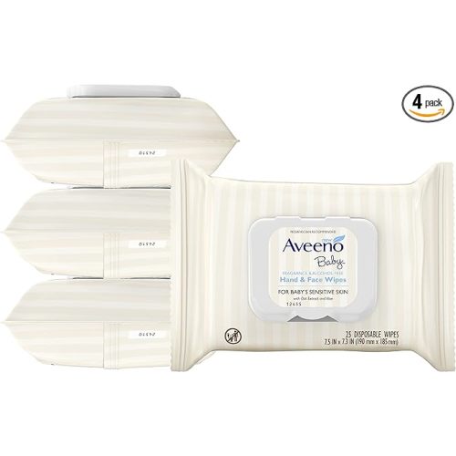 Aveeno Baby Fragrance Free Hand & Face Wipes with Oat Extract & Aloe, Cleansing & Moisturizing Baby Wipes for Sensitive Skin, Sulfate-, Alcohol-, & Paraben-Free, Hypoallergenic, 25 ct