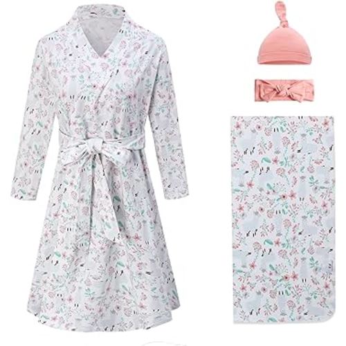 Miracle Baby Maternity Robe and Baby Swaddle Blanket, Matching Robe and Swaddle Set Mom And Baby, Hospital Labor and Delivery Gown