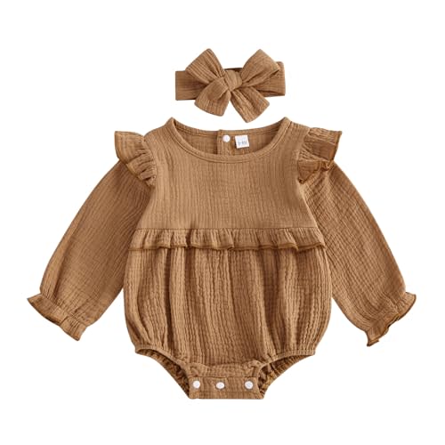 Mobbdow Newborn Infant Baby Girl Clothes Cotton Linen Long Sleeve Smocked Bubble Romper Ruffle Bodysuit Jumpsuit Fall Outfit