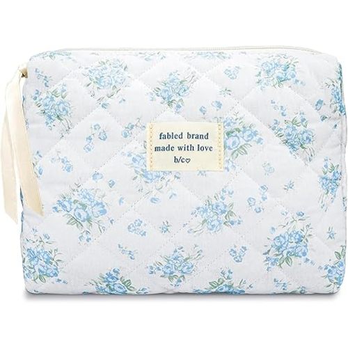 Large Travel Makeup Bag - Quilted Cotton Cosmetic Organizer with Zipper, Cute Coquette Floral Aesthetic Toiletry Pouch Gift for Women (Blue Floral)