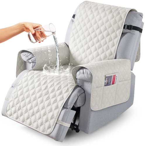 Timeles Waterproof Recliner Covers, Recliner Chair Covers with Leg Straps, Reversible Recliner Couch Cover for 1 Seat Reclining Sofa, Washable Chair Protector for Pets Kids(1 Seater 28", Off White)